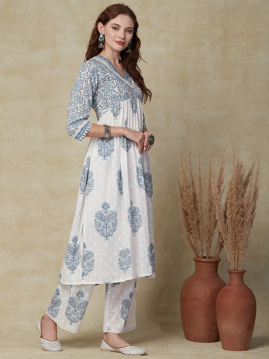 Ethnic Floral Printed A-Line Pleated Kurta with Palazzo - Off White