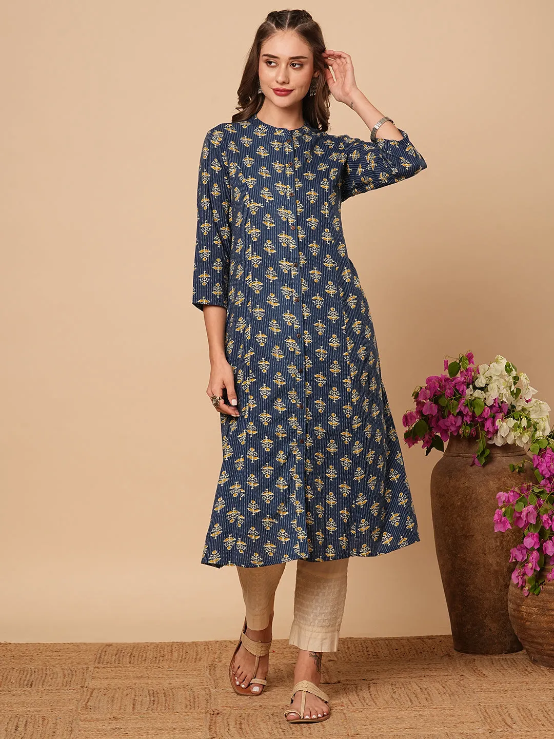 Ethnic Floral Printed & Kantha Embroidered A-Line Paneled Kurta - Blue