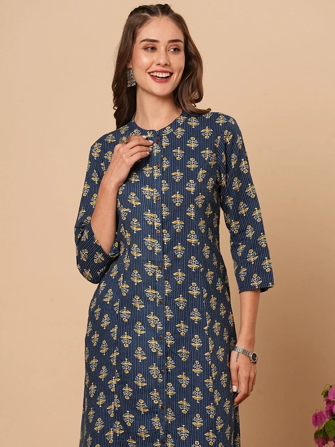 Ethnic Floral Printed & Kantha Embroidered A-Line Paneled Kurta - Blue