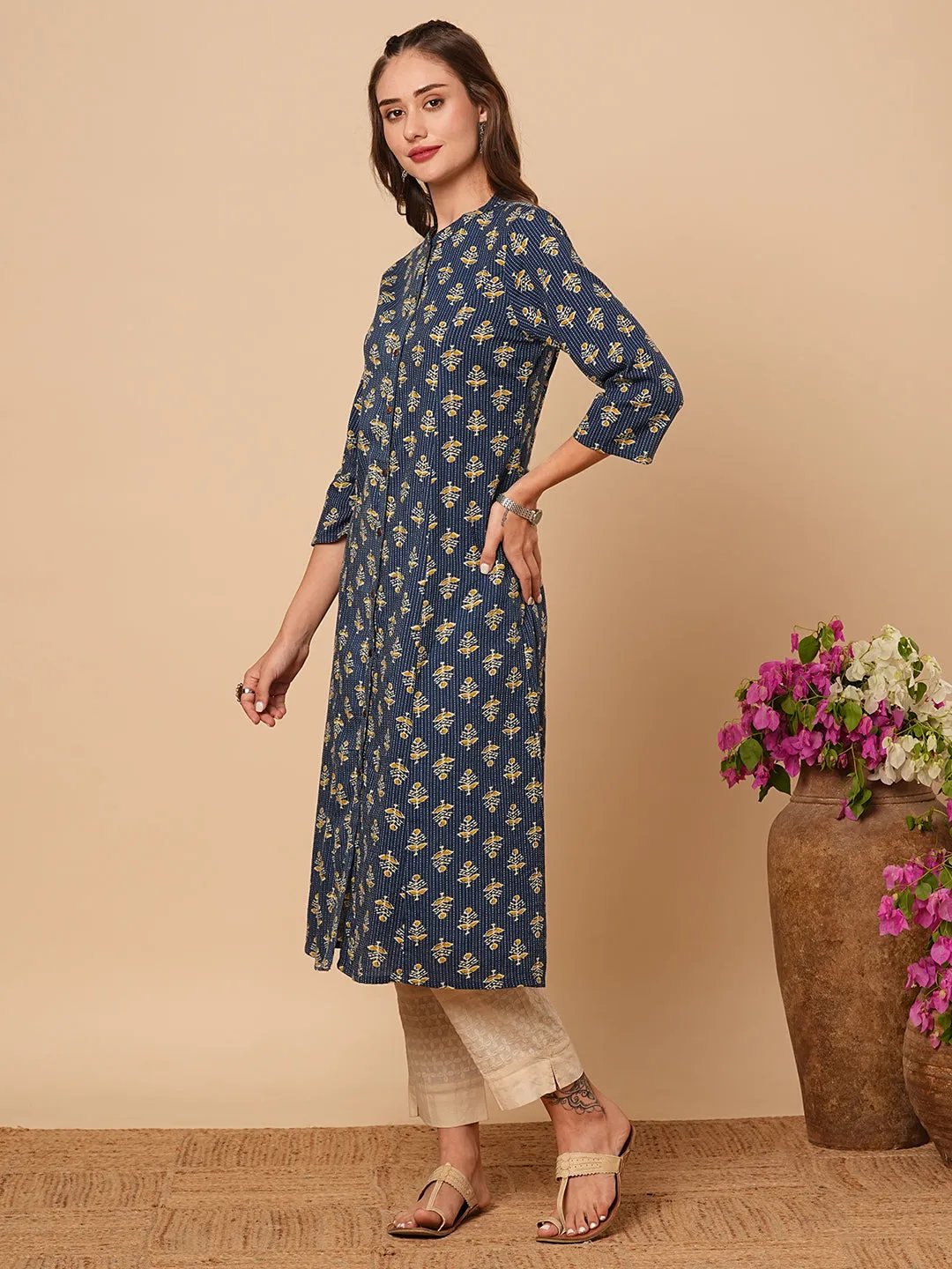 Ethnic Floral Printed & Kantha Embroidered A-Line Paneled Kurta - Blue