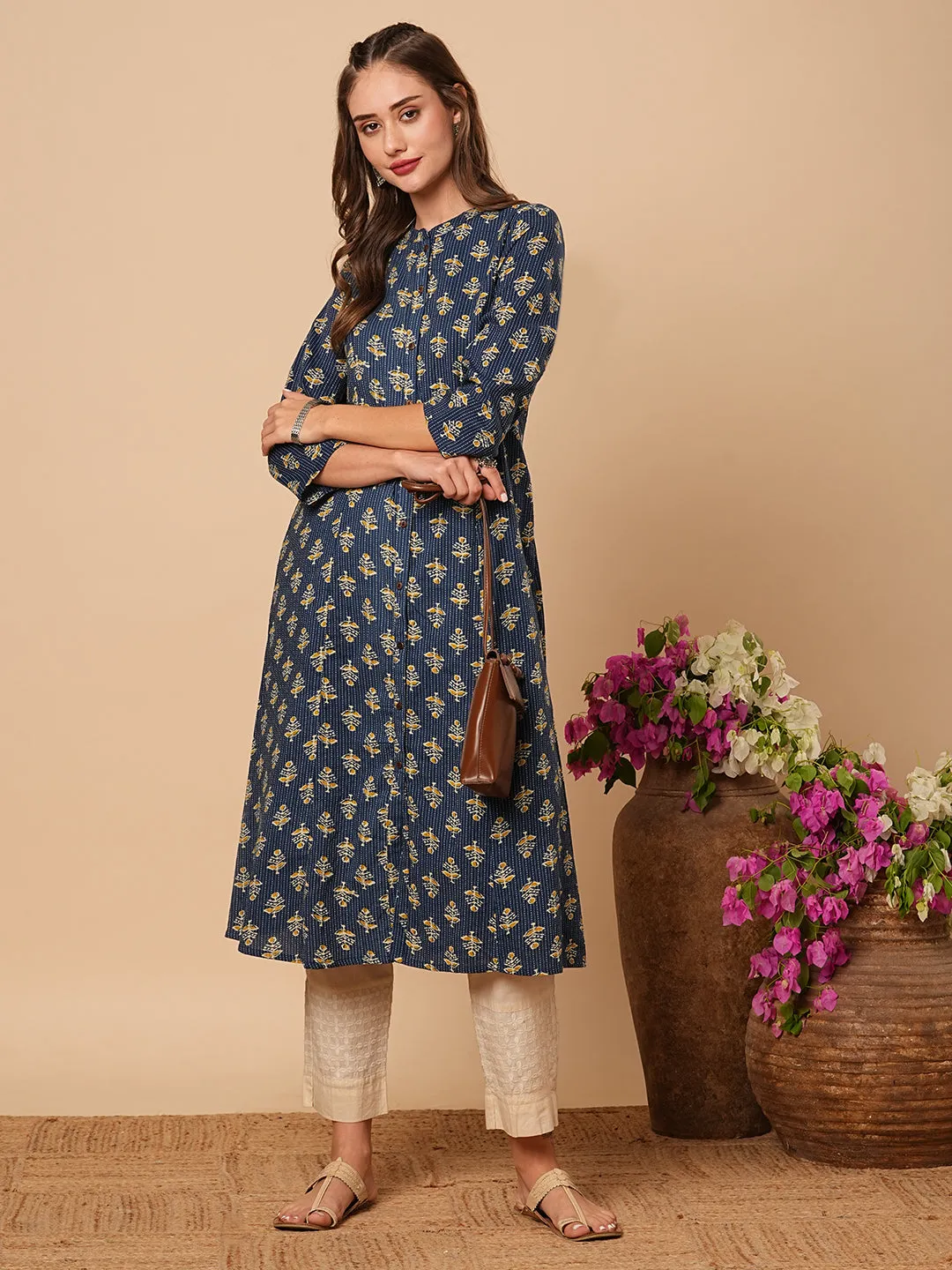 Ethnic Floral Printed & Kantha Embroidered A-Line Paneled Kurta - Blue