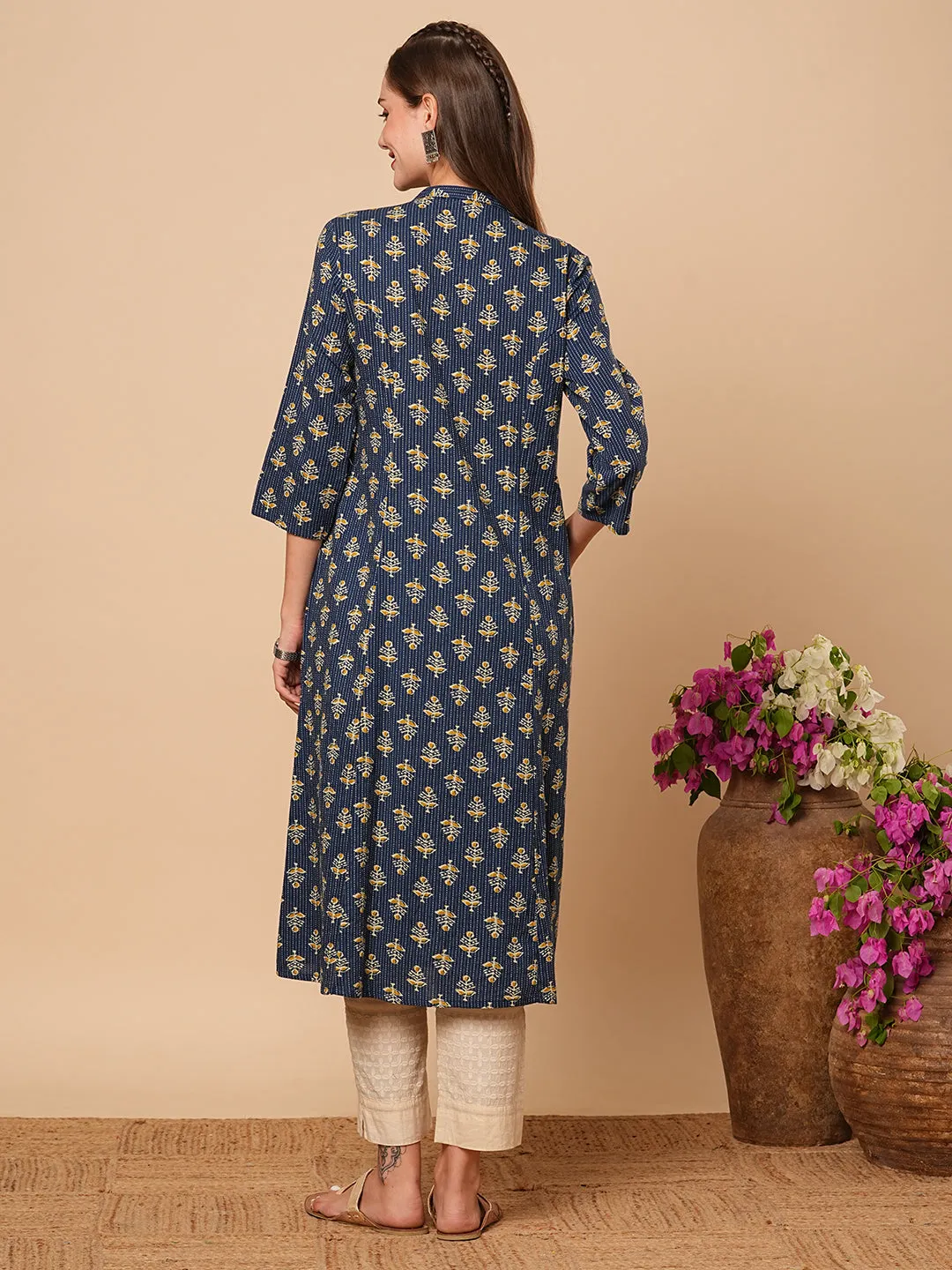 Ethnic Floral Printed & Kantha Embroidered A-Line Paneled Kurta - Blue
