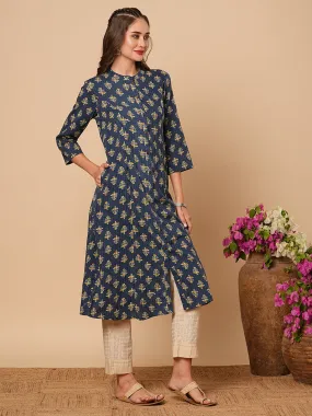 Ethnic Floral Printed & Kantha Embroidered A-Line Paneled Kurta - Blue