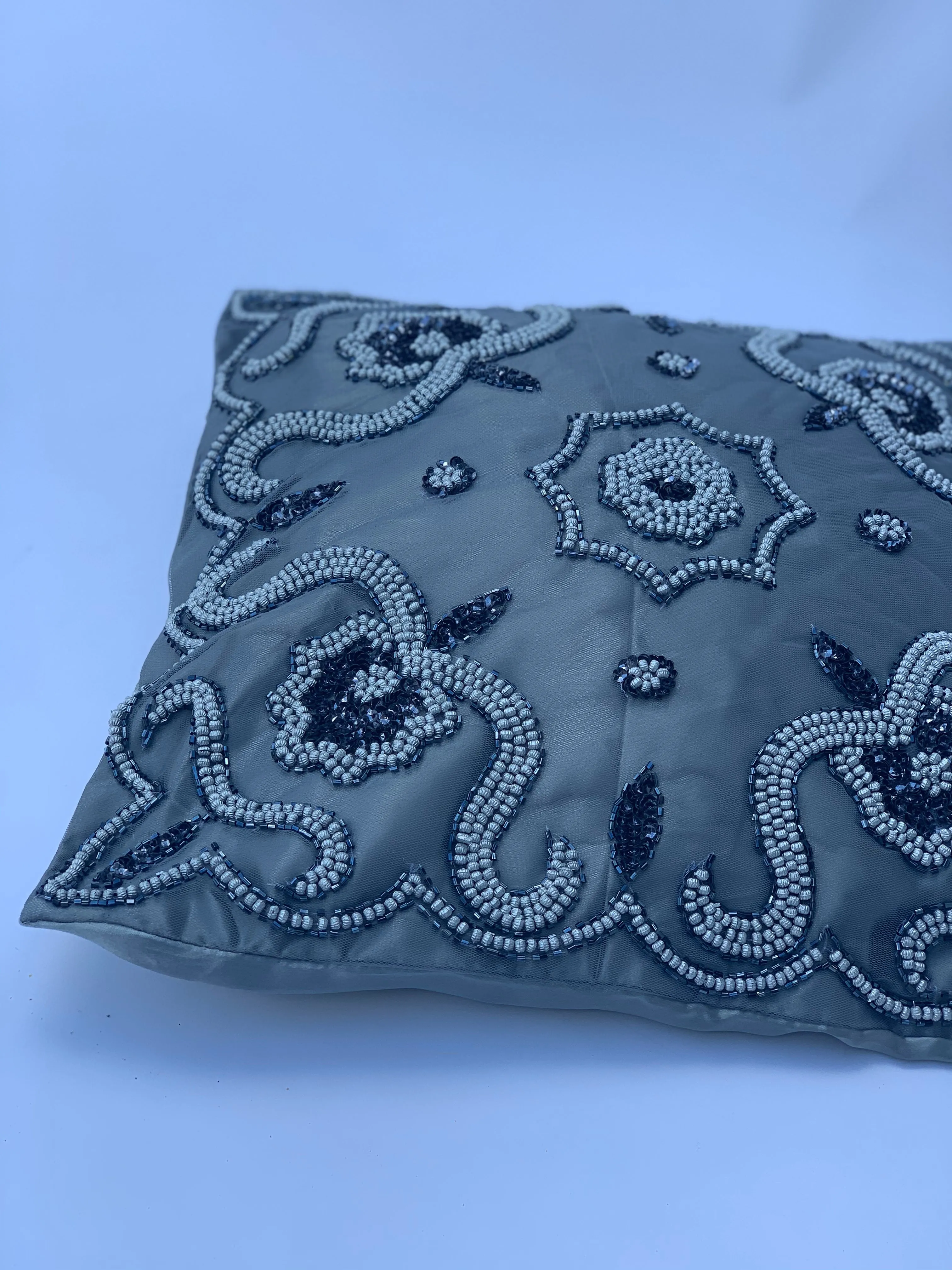Grey Beaded Cushion Cover