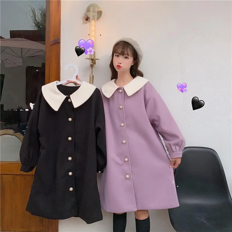 Kawaii Single-breasted Puff Sleeved Maxi Woolen Coat
