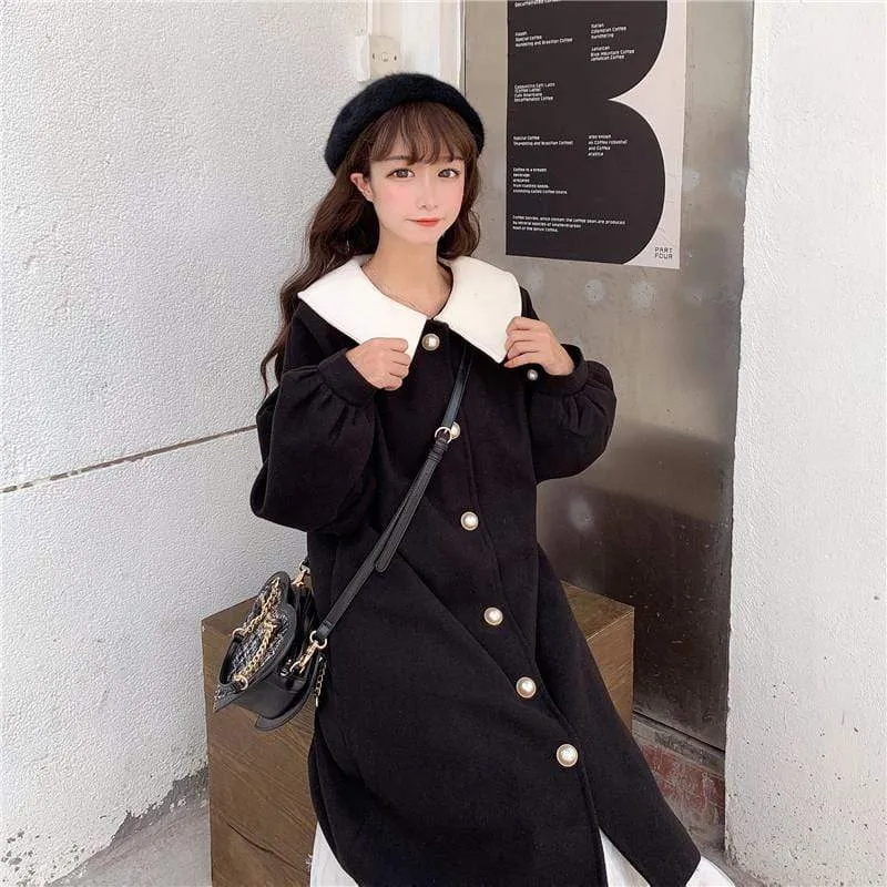Kawaii Single-breasted Puff Sleeved Maxi Woolen Coat