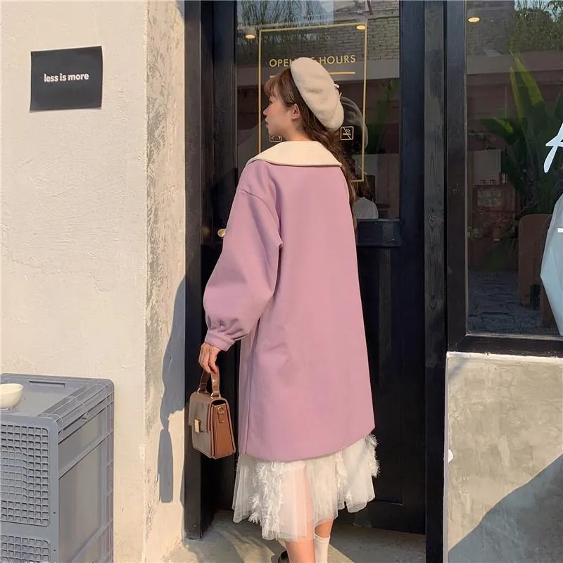 Kawaii Single-breasted Puff Sleeved Maxi Woolen Coat