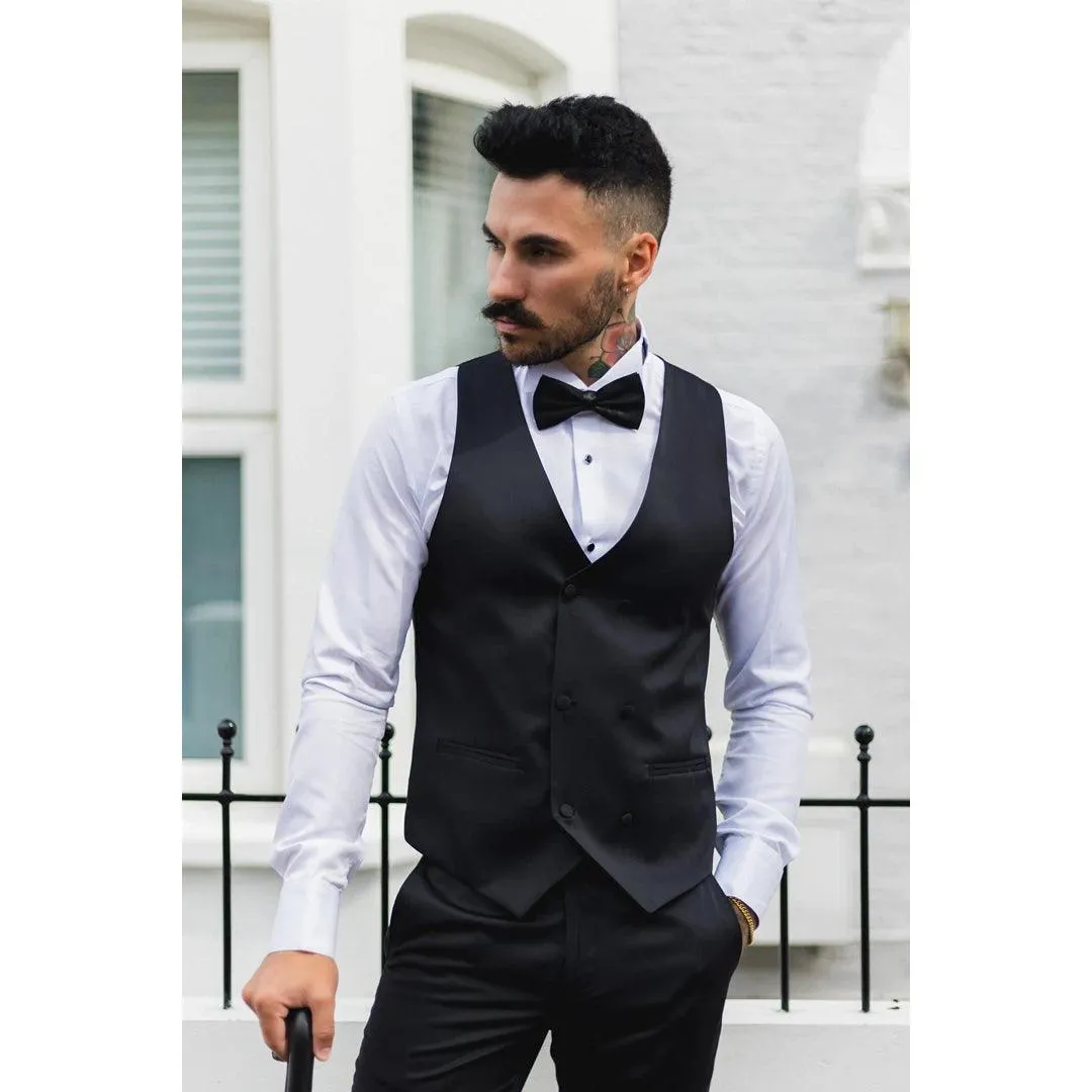 Mens Black Satin Double Breasted Waistcoat Black Tie Dinner Suit Vest Tailored Fit