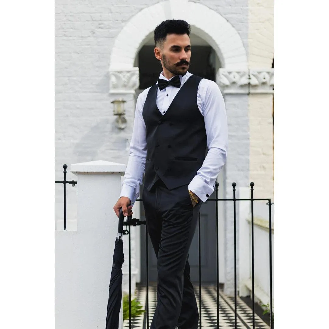 Mens Black Satin Double Breasted Waistcoat Black Tie Dinner Suit Vest Tailored Fit