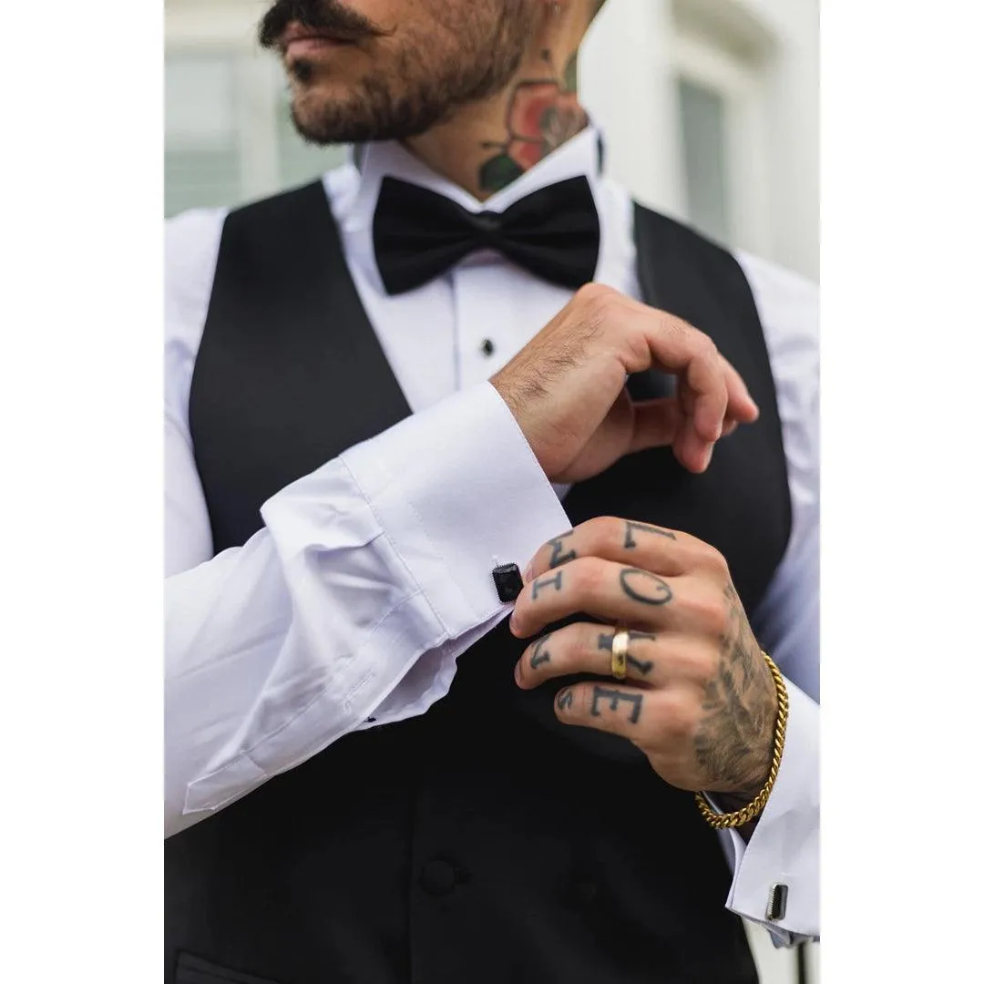 Mens Black Satin Double Breasted Waistcoat Black Tie Dinner Suit Vest Tailored Fit