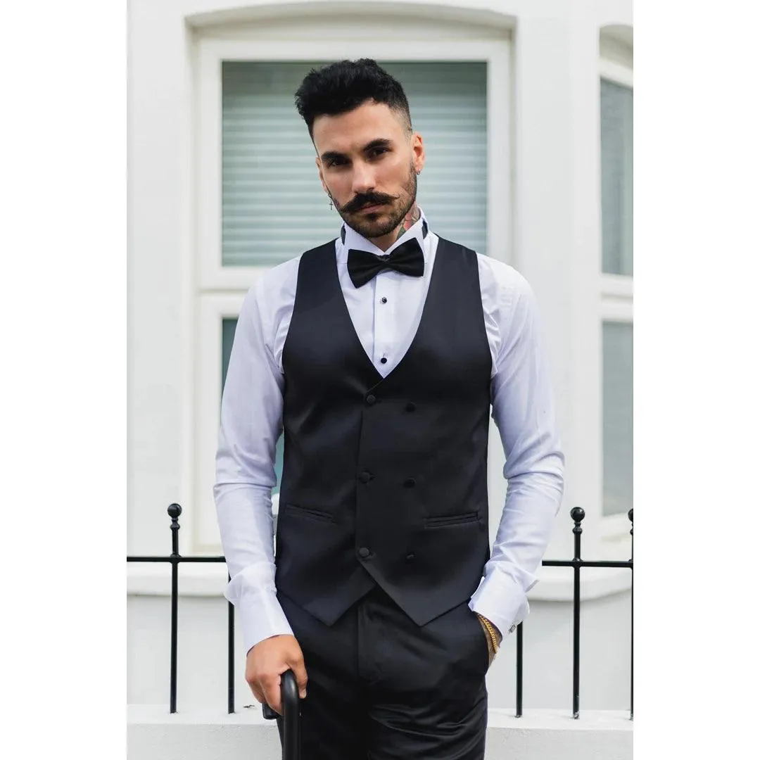 Mens Black Satin Double Breasted Waistcoat Black Tie Dinner Suit Vest Tailored Fit