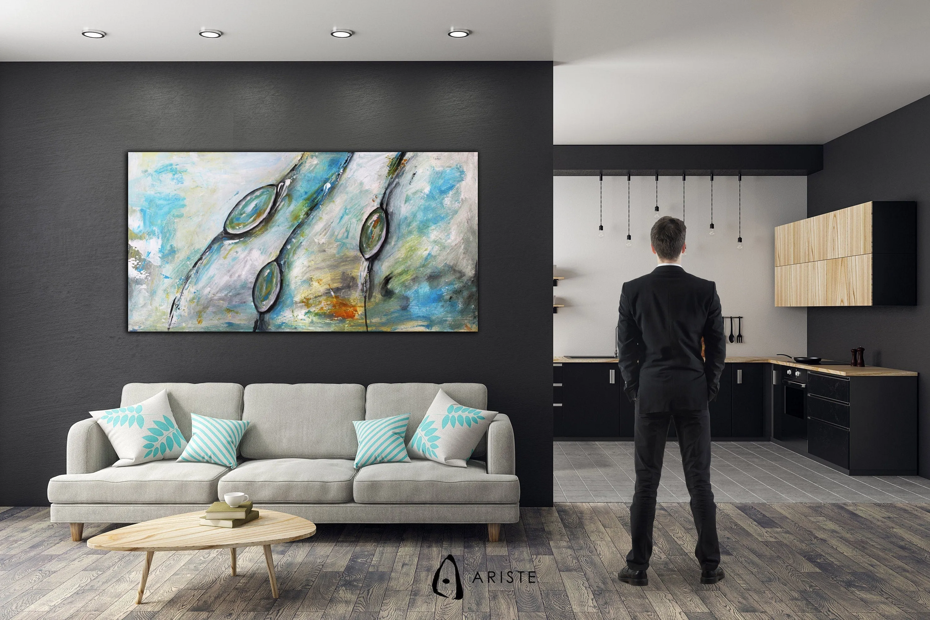 Neutral & blue abstract oversized wall art made to order in a custom size