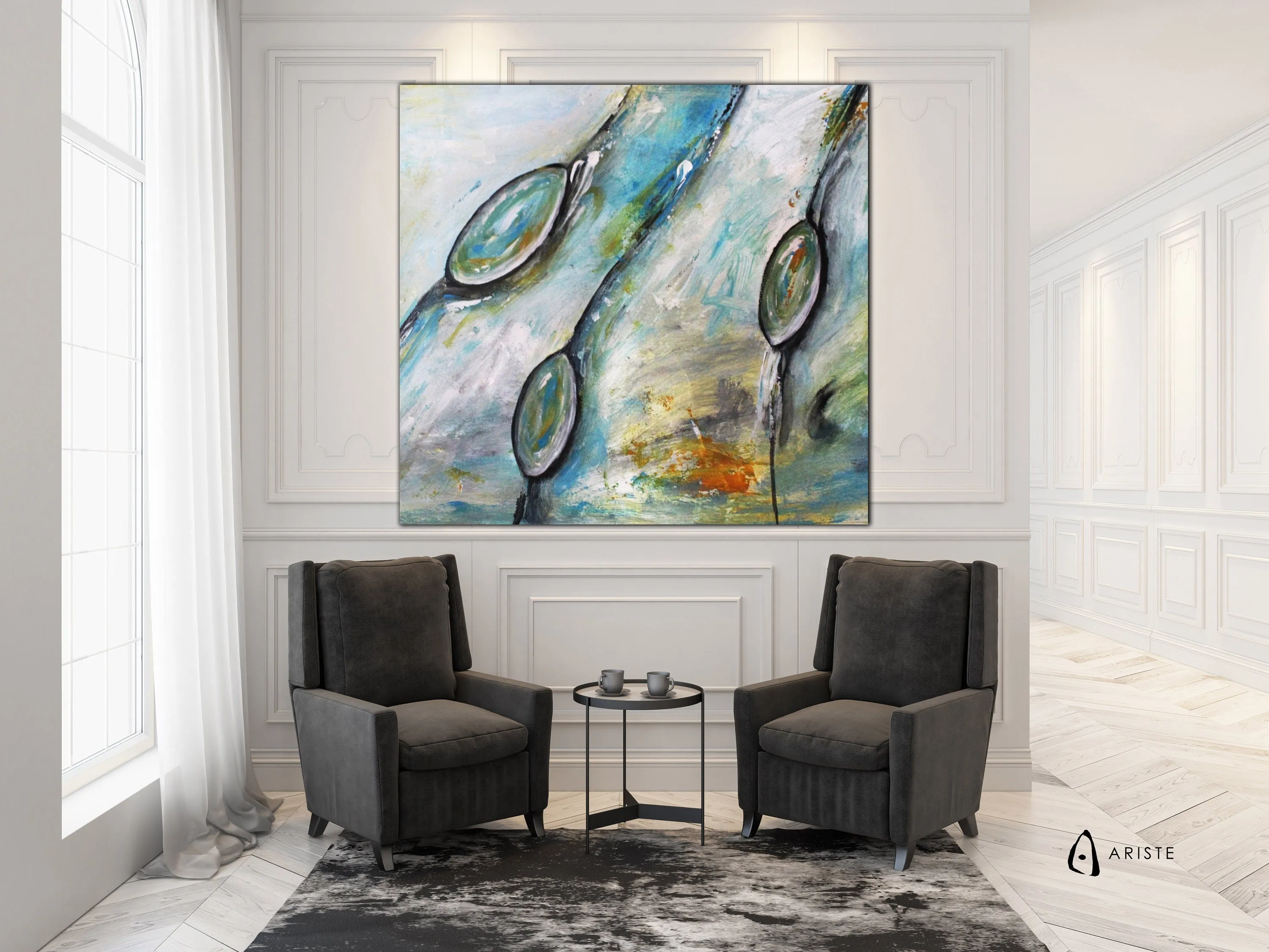 Neutral & blue abstract oversized wall art made to order in a custom size