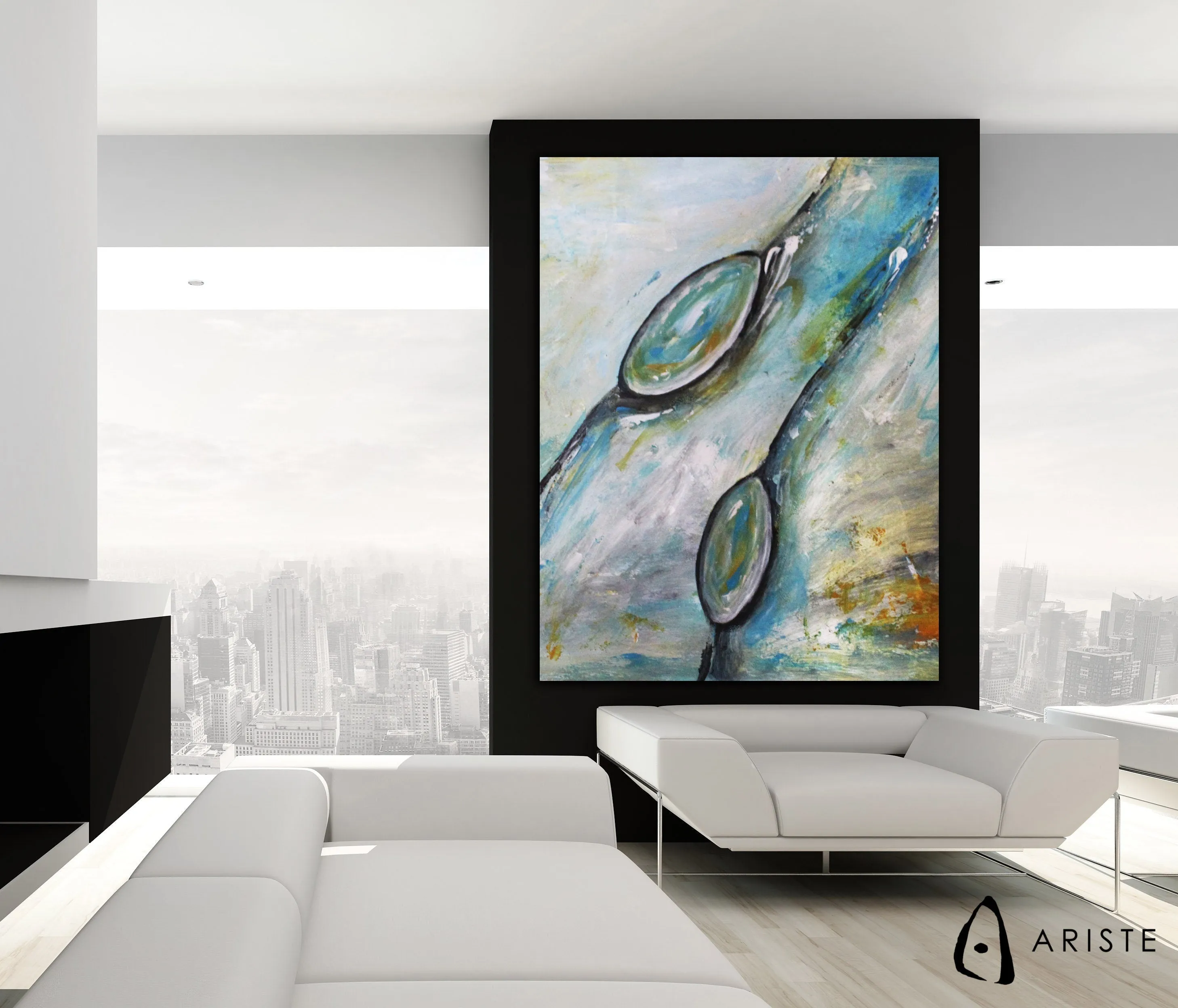 Neutral & blue abstract oversized wall art made to order in a custom size
