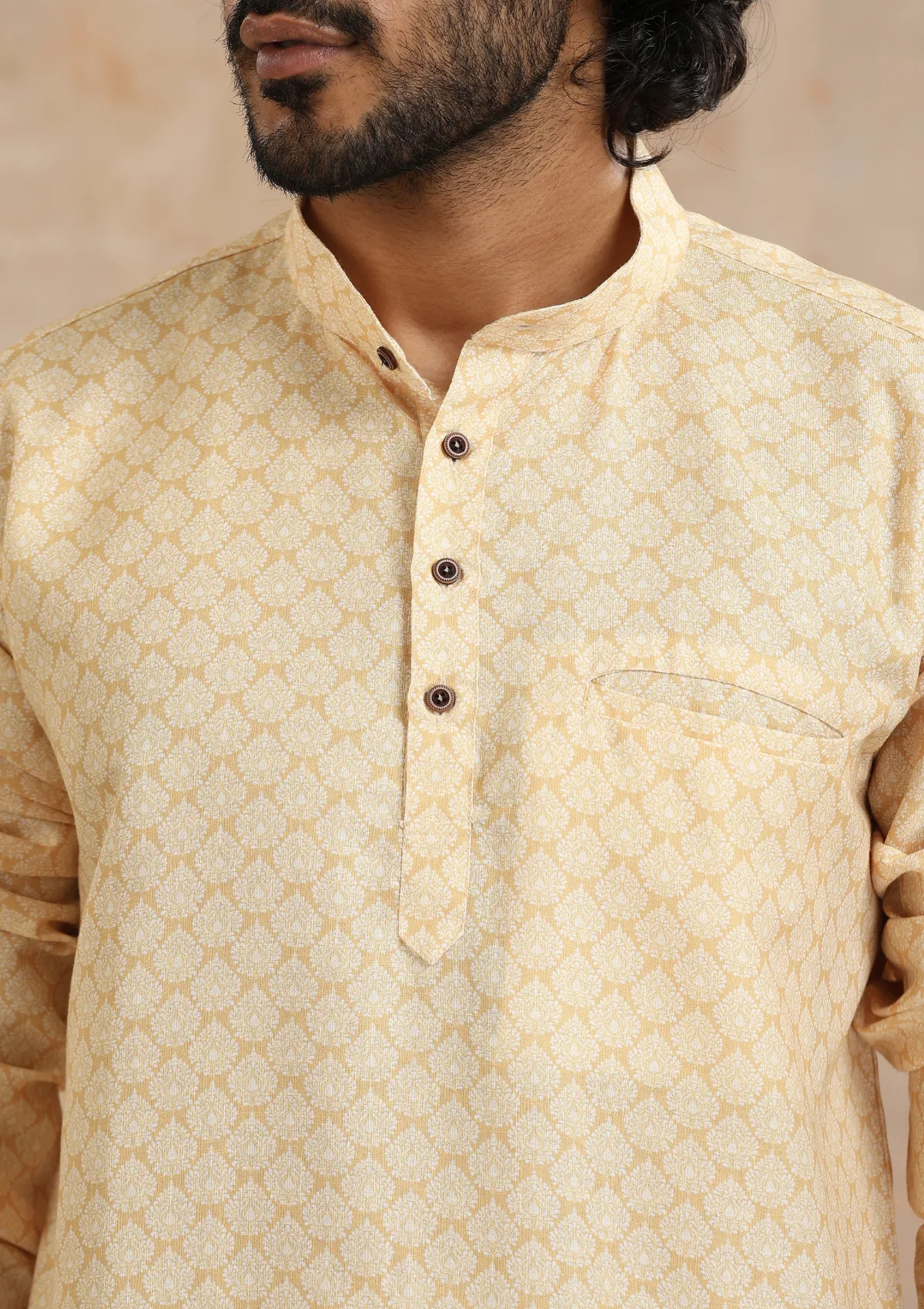 Poly Cotton Printed Men's Short Kurta - Mustard