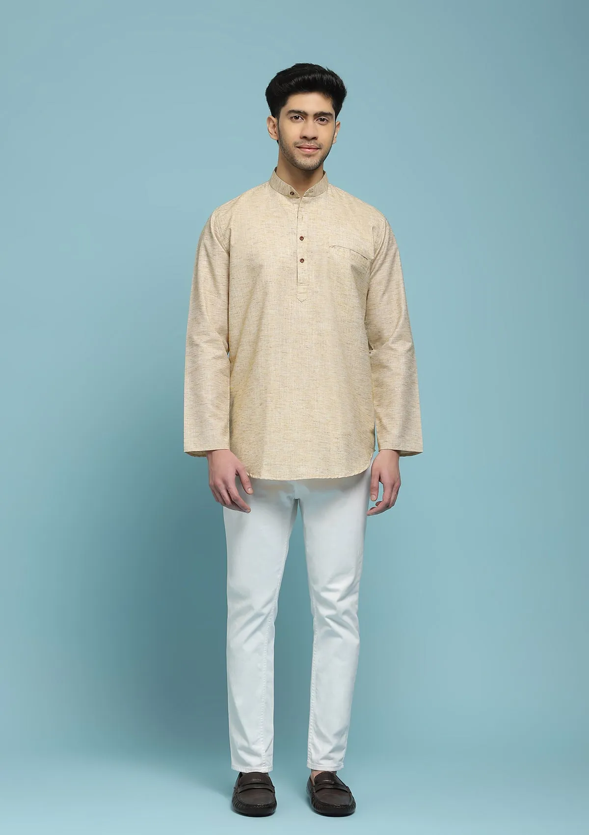 Poly Cotton Solid Men's Short Kurta - Beige