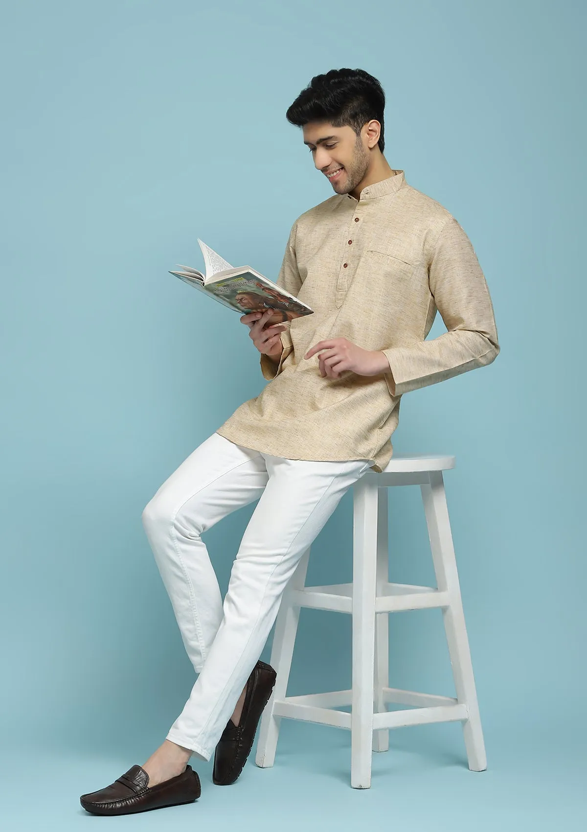 Poly Cotton Solid Men's Short Kurta - Beige