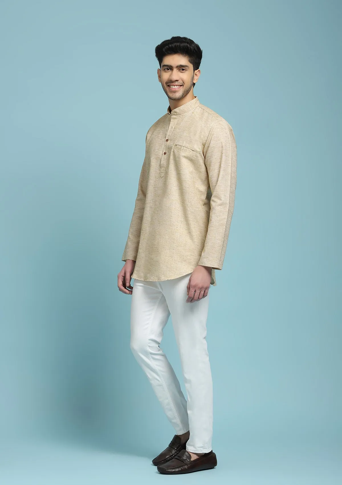 Poly Cotton Solid Men's Short Kurta - Beige