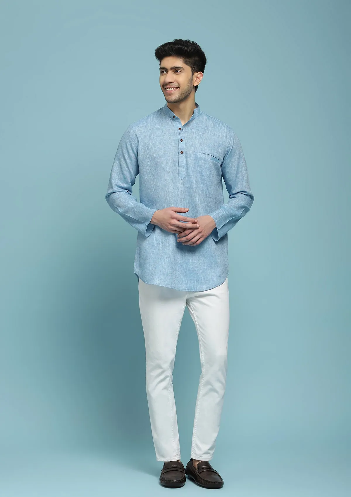 Poly Cotton Solid Men's Short Kurta - Blue