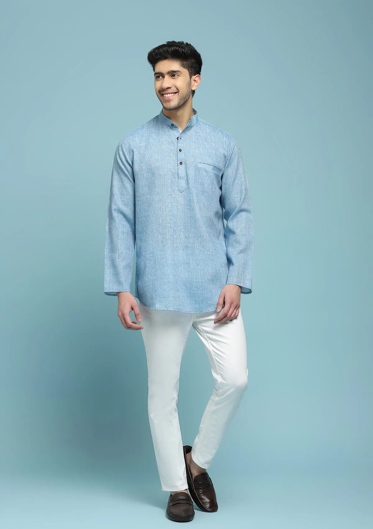 Poly Cotton Solid Men's Short Kurta - Blue