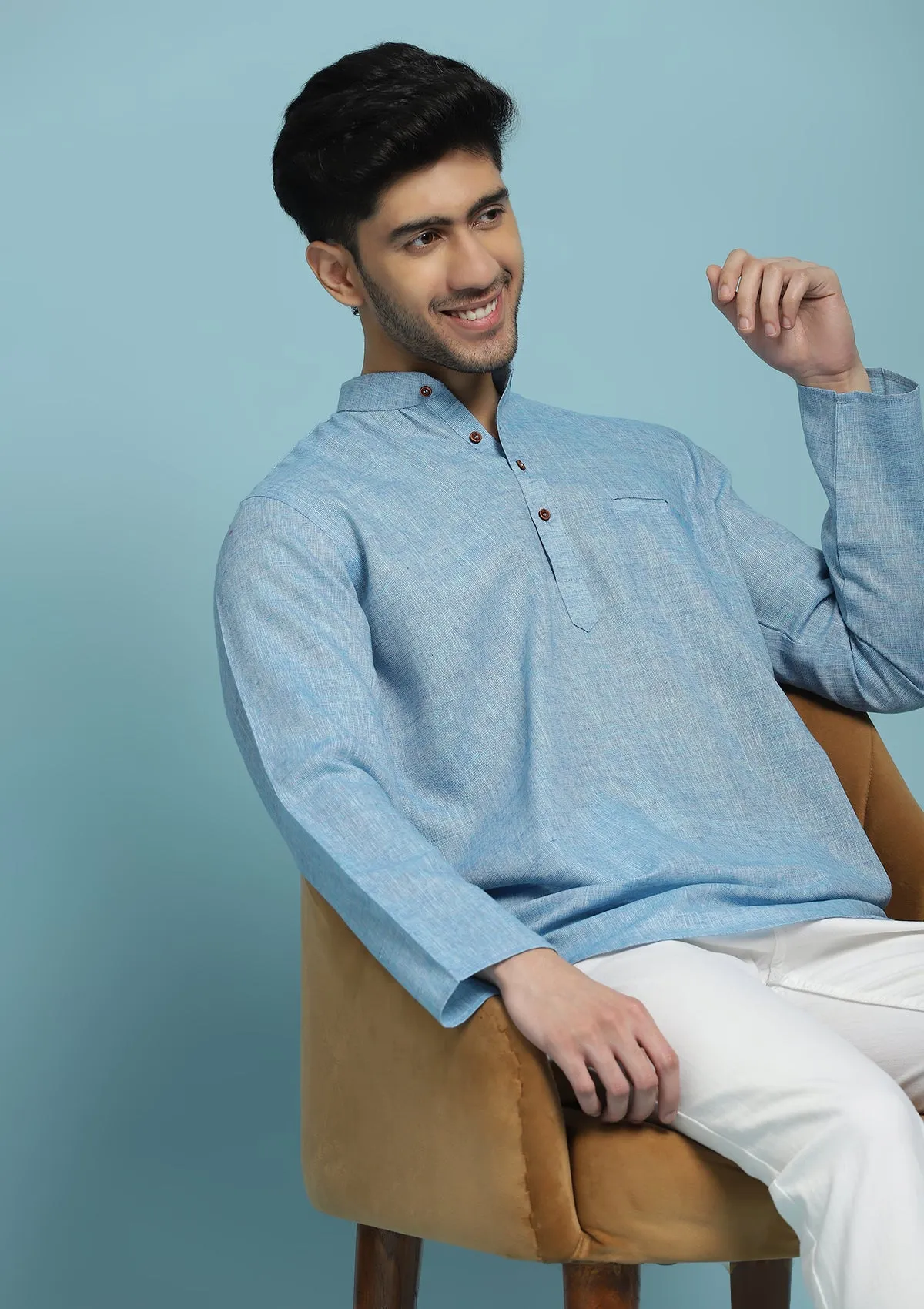 Poly Cotton Solid Men's Short Kurta - Blue