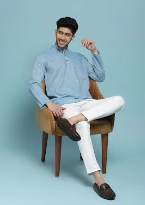 Poly Cotton Solid Men's Short Kurta - Blue