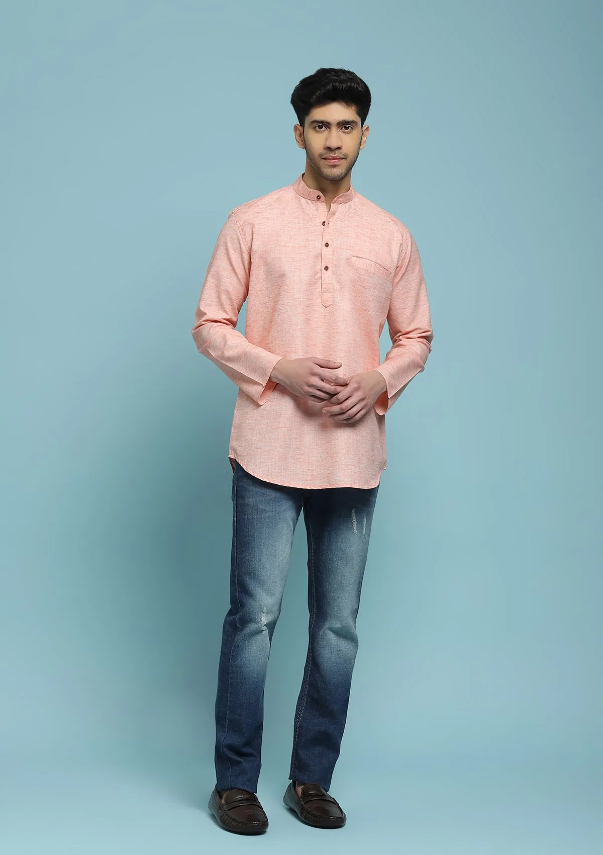 Poly Cotton Solid Men's Short Kurta - Peach