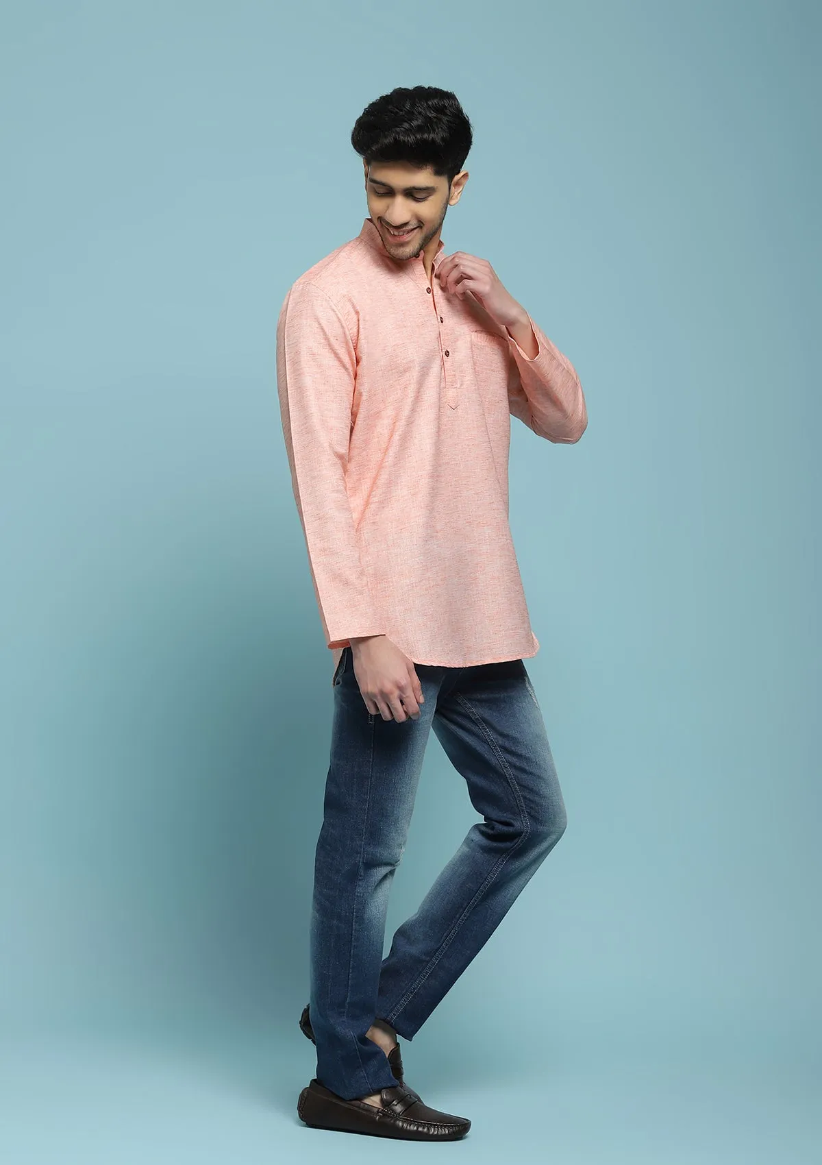 Poly Cotton Solid Men's Short Kurta - Peach