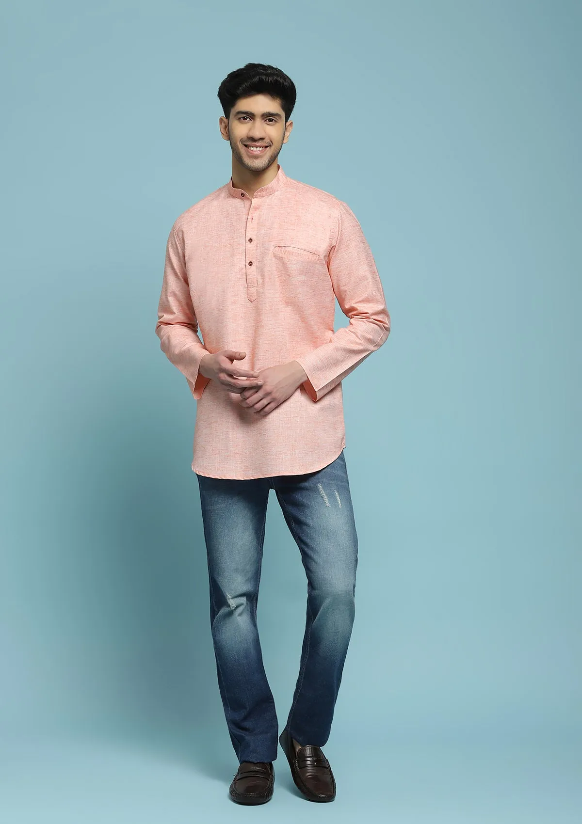 Poly Cotton Solid Men's Short Kurta - Peach