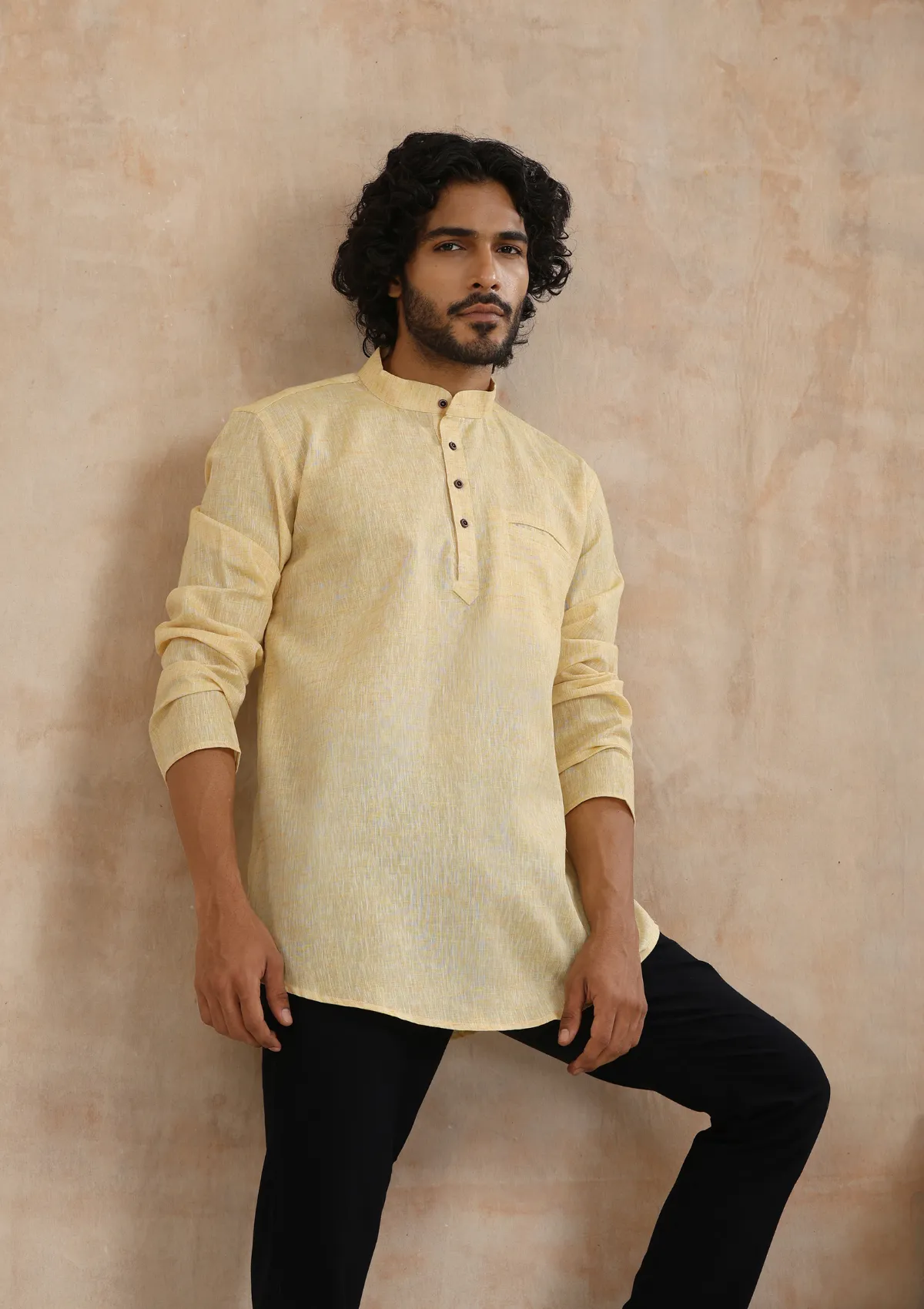 Poly Cotton Solid Men's Short Kurta - Yellow