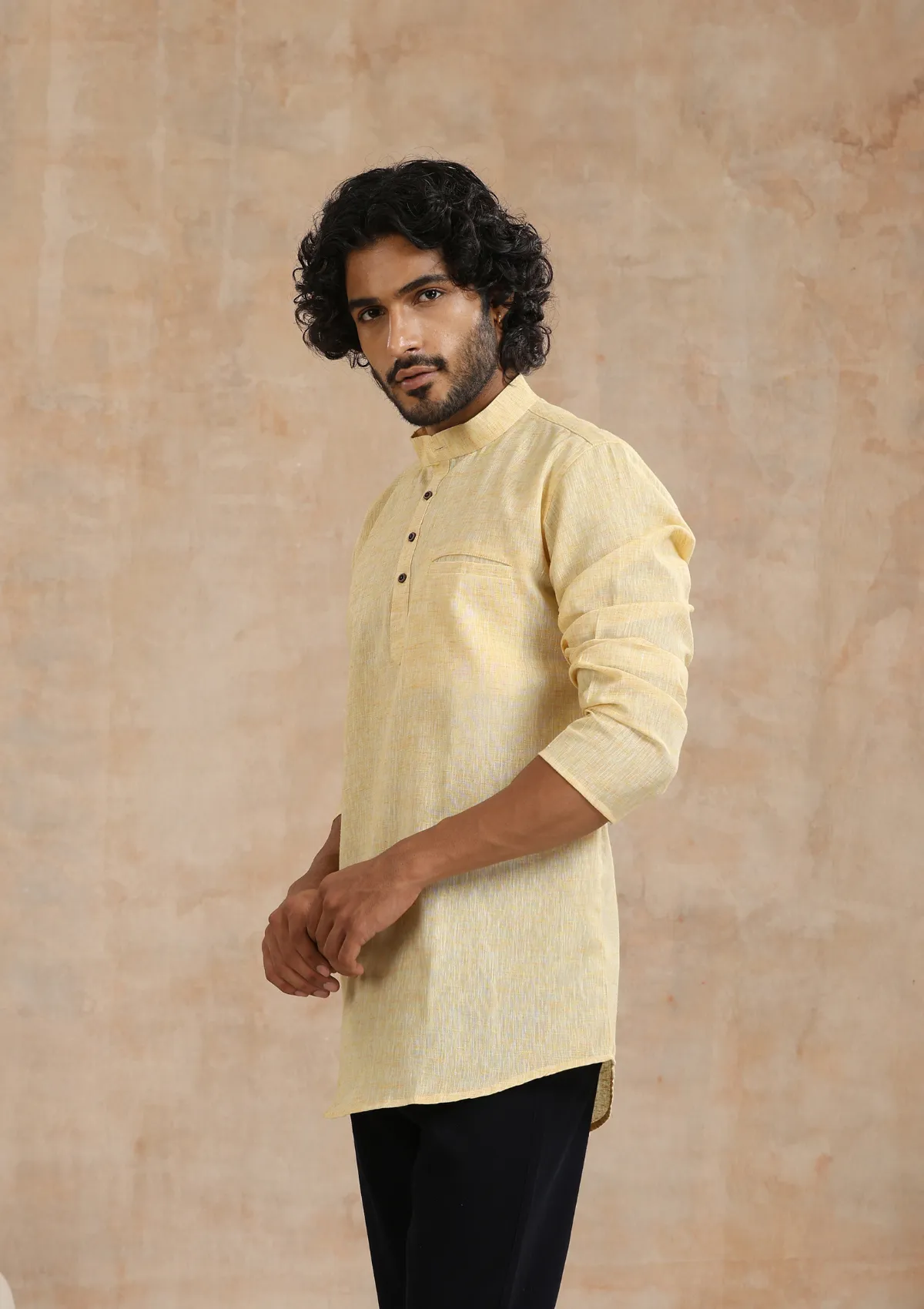 Poly Cotton Solid Men's Short Kurta - Yellow