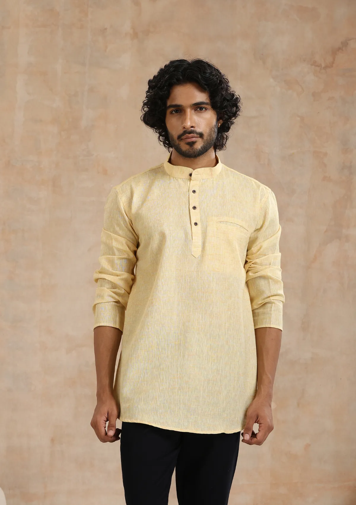 Poly Cotton Solid Men's Short Kurta - Yellow