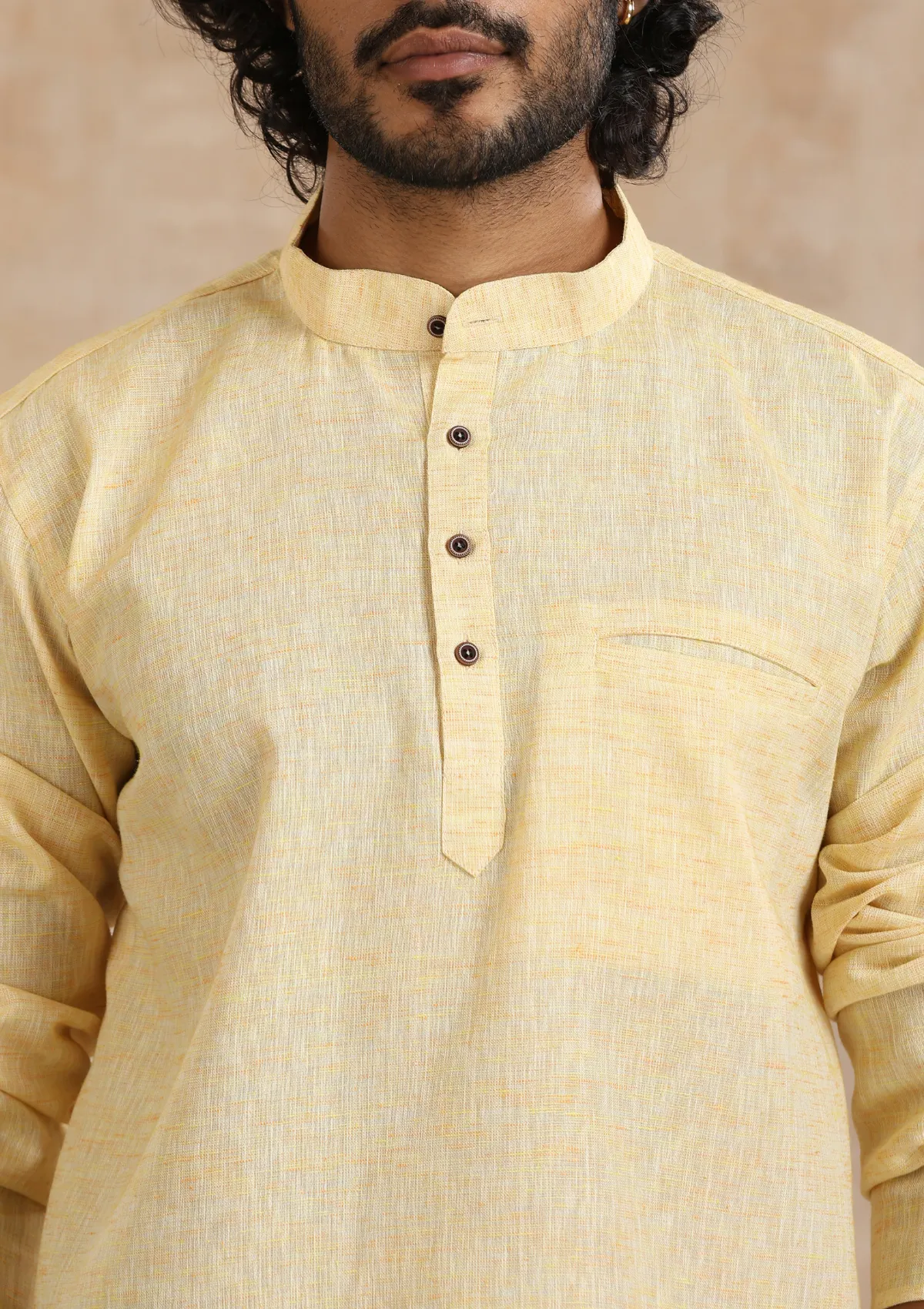 Poly Cotton Solid Men's Short Kurta - Yellow
