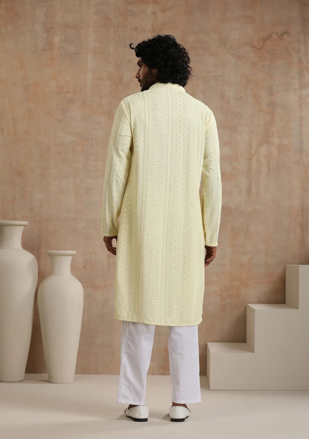 Rayon Schiffli Solid Men's Long Kurta- Cream