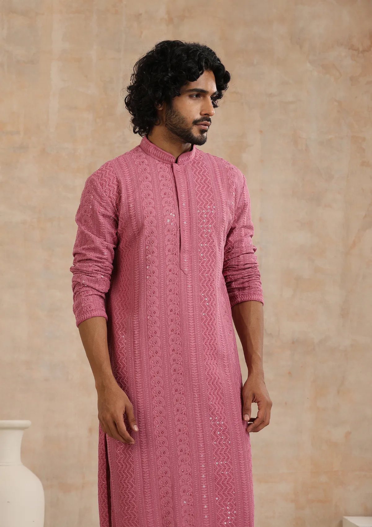 Rayon Schiffli Solid Men's Long Kurta- Muave