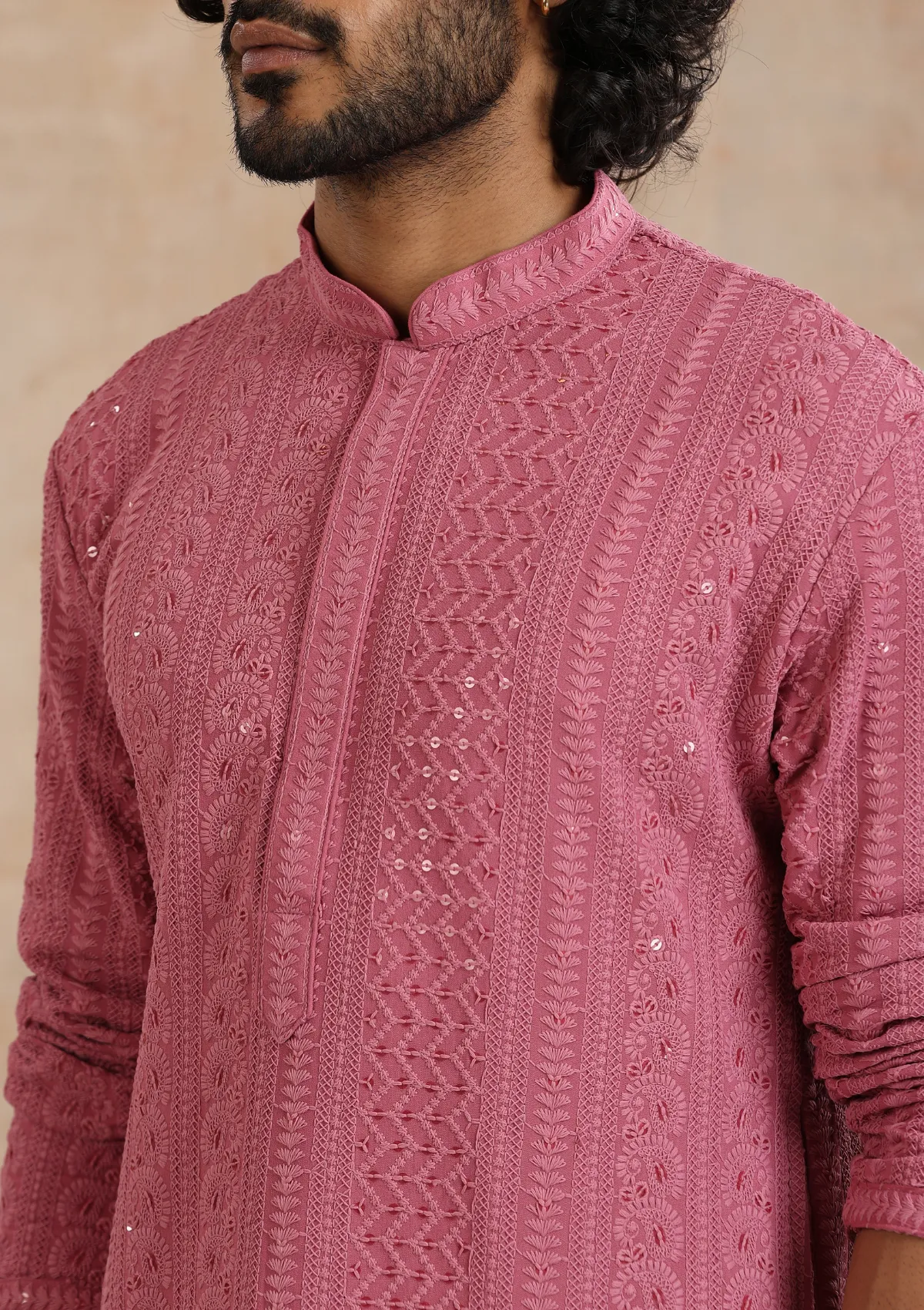 Rayon Schiffli Solid Men's Long Kurta- Muave