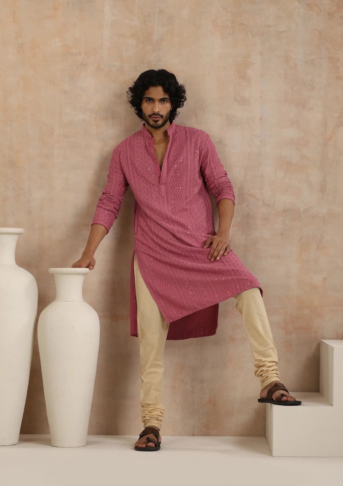 Rayon Schiffli Solid Men's Long Kurta- Muave