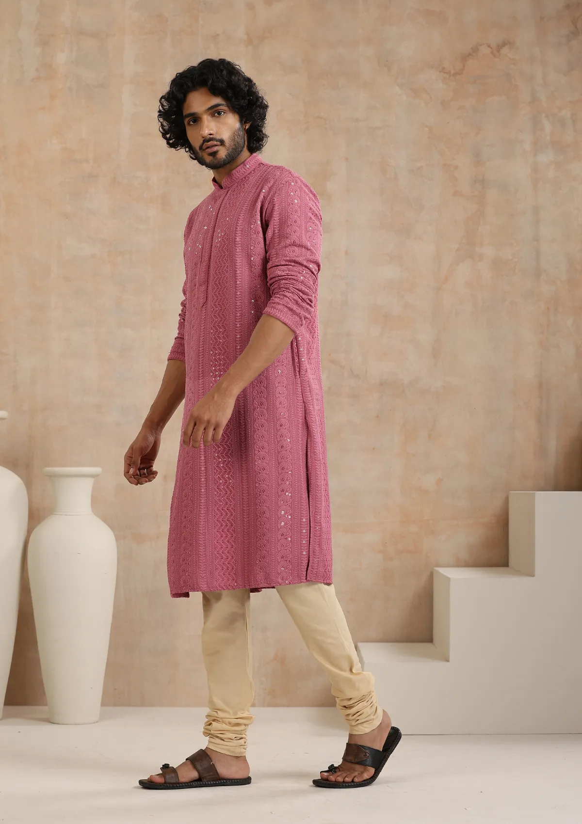 Rayon Schiffli Solid Men's Long Kurta- Muave