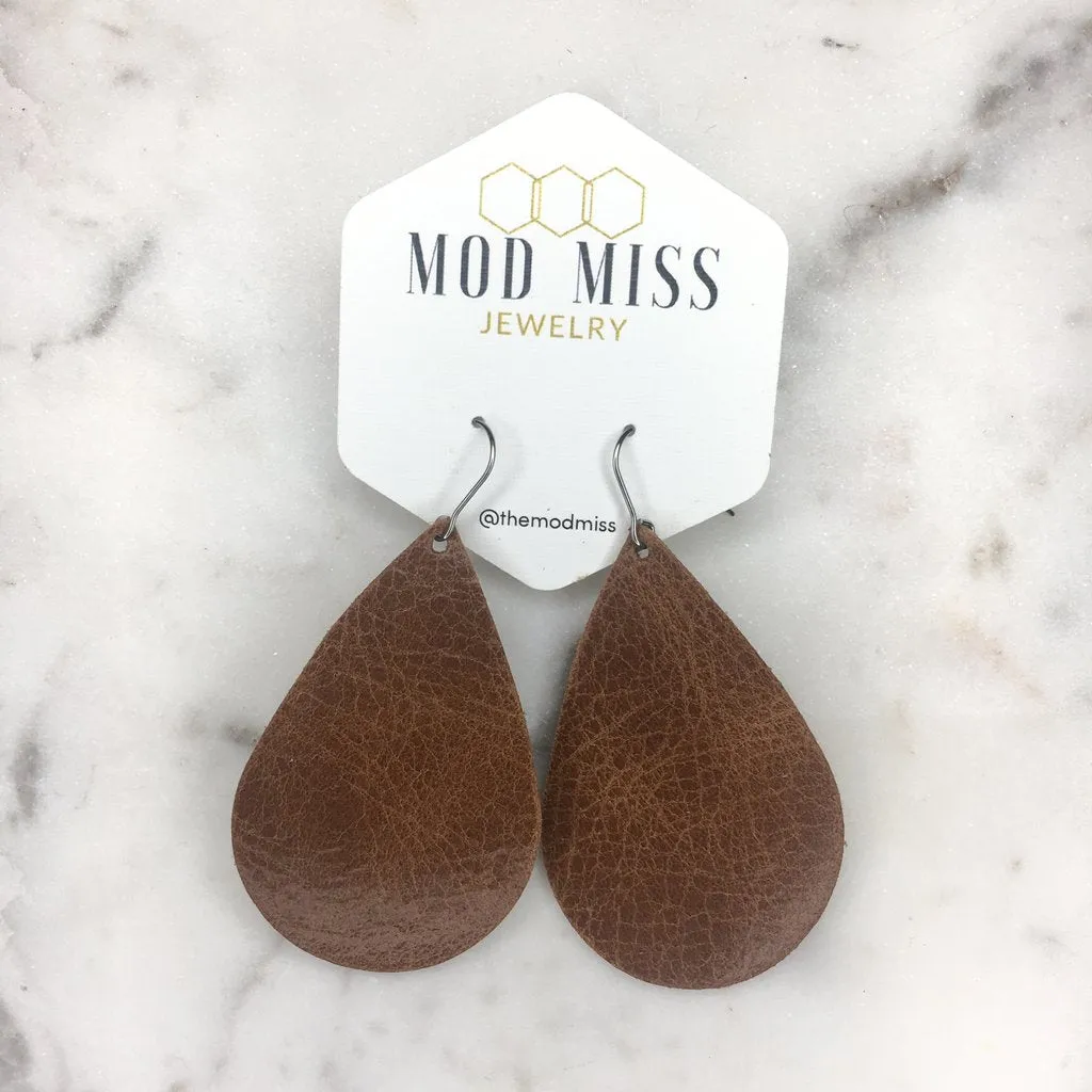 River Worn Brown Leather Teardrop Earrings
