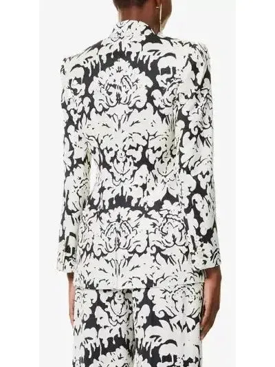 Women’s Black and White Floral-Print Single-Breasted Woven Blazer and Pant Suit