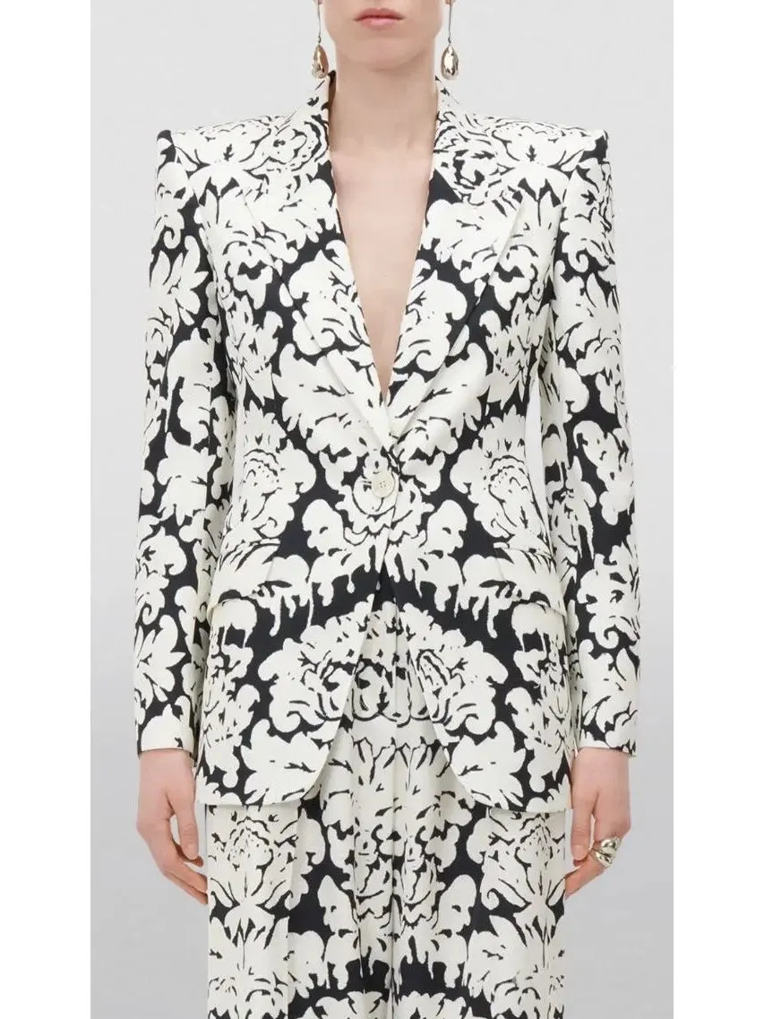Women’s Black and White Floral-Print Single-Breasted Woven Blazer and Pant Suit