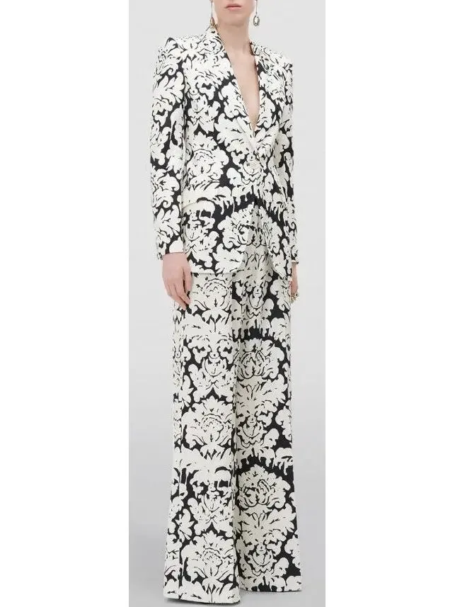 Women’s Black and White Floral-Print Single-Breasted Woven Blazer and Pant Suit