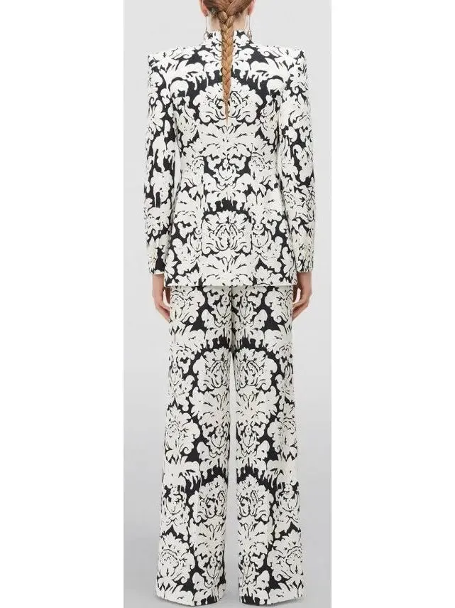 Women’s Black and White Floral-Print Single-Breasted Woven Blazer and Pant Suit