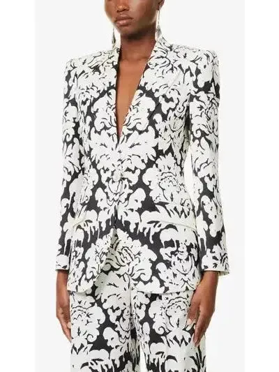 Women’s Black and White Floral-Print Single-Breasted Woven Blazer and Pant Suit