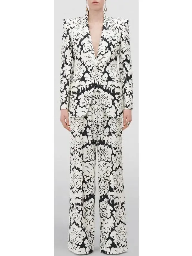 Women’s Black and White Floral-Print Single-Breasted Woven Blazer and Pant Suit
