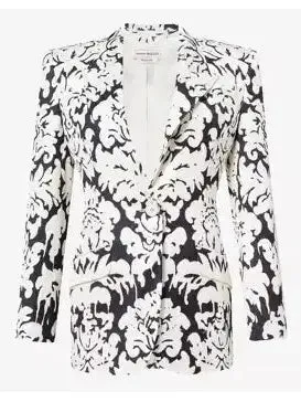 Women’s Black and White Floral-Print Single-Breasted Woven Blazer and Pant Suit